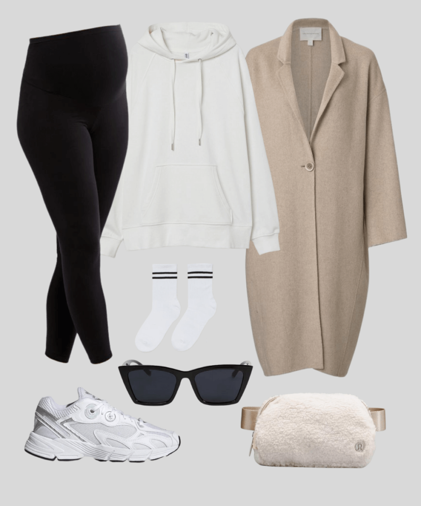 mama style sporty retro daytime look with maternity leggings white hoodie and wool coat from viktoria woods.
