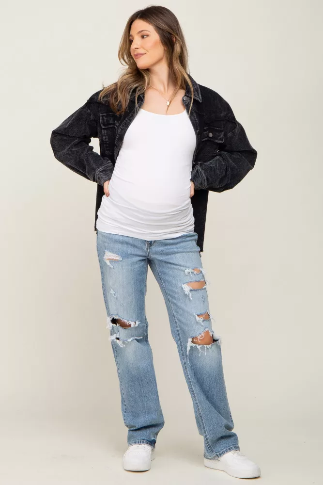 Light Blue Distressed Straight Maternity Jeans