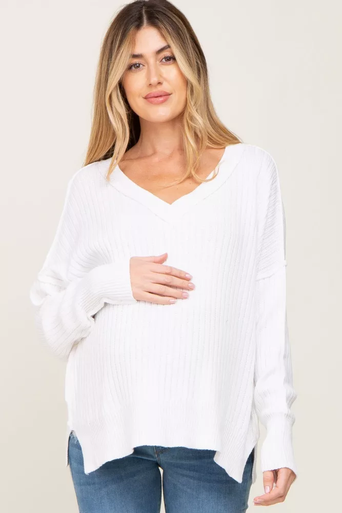 White V-Neck Oversized Maternity Sweater