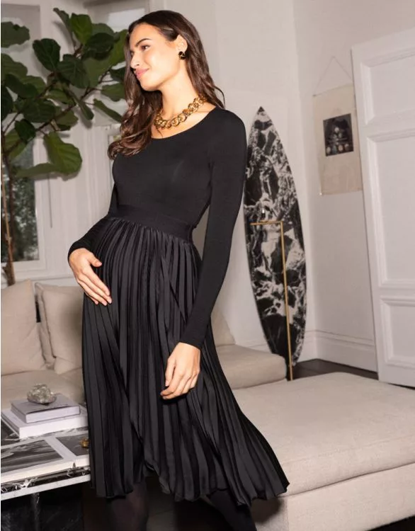 Black Pleated Maternity Midi Skirt