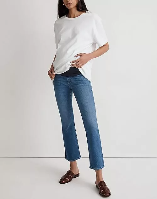 Maternity over-the-belly kick out crop jeans in cherryville wash