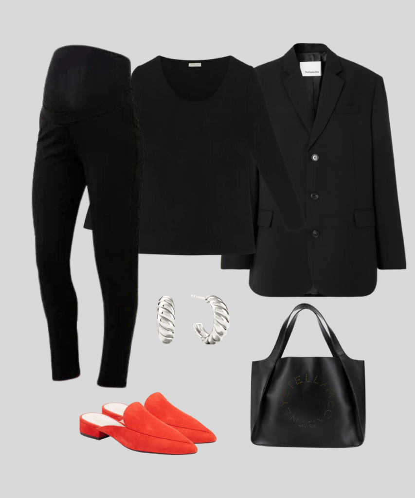 The mama office look classic pants, black top and blazer, and red shoes