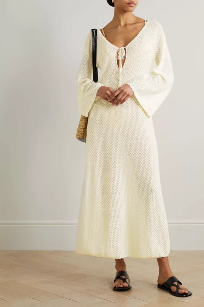 Fleur tie-detailed pointelle-knit cotton maxi dress White
