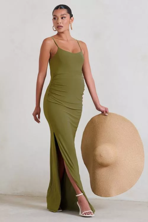 Aurelia Olive Green Maternity Cami Maxi Dress With Split