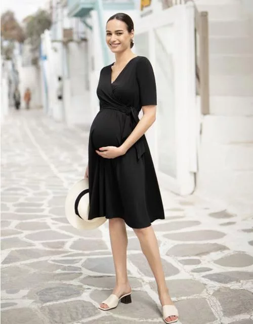 Black mock wrap maternity & nursing dress