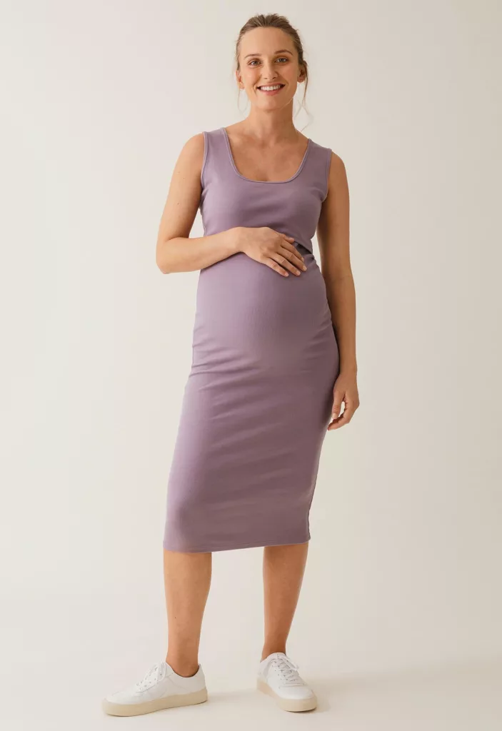 Ribbed Maternity Tank Dress With Nursing Access Lavender