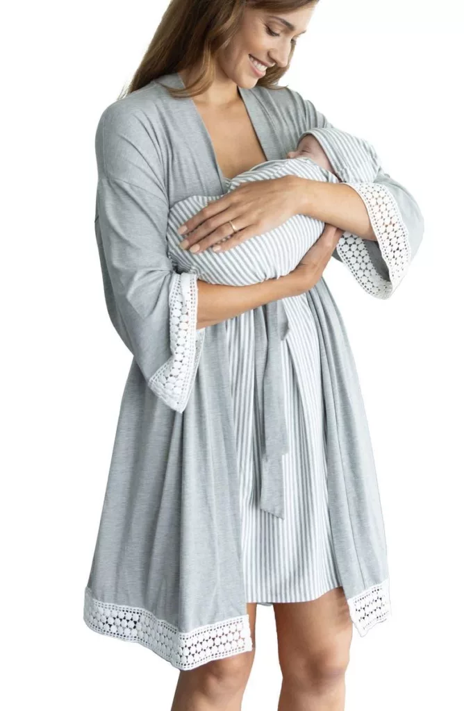 Nursing/Maternity Dress, Robe & Baby Wrap Set Grey White