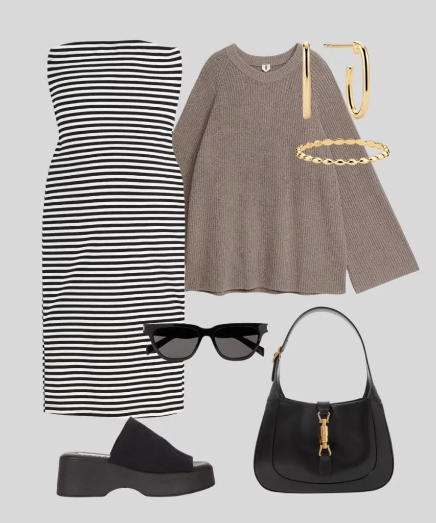 Coastal outfit strapless stripe dress cotton sweater slides gucci bag