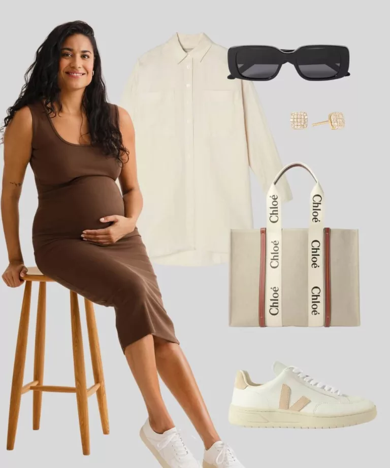 Brown maternity summer dress white veja sneakers chloes linen tote diamond studs