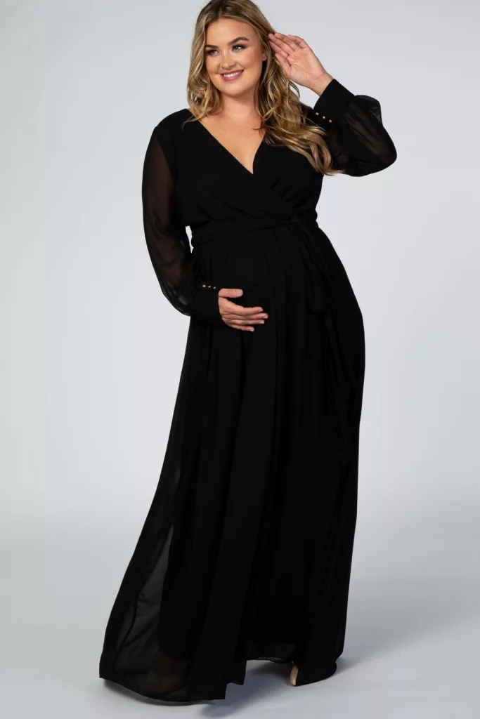 Black Chiffon Long Sleeve Pleated Plus Maternity Maxi Dress