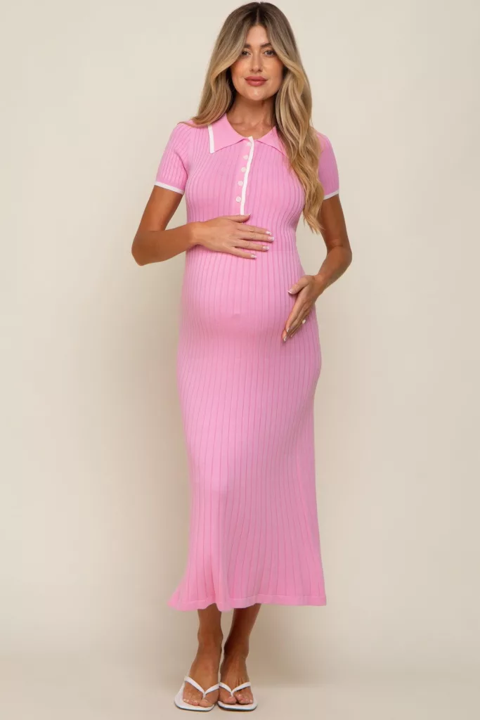 Pink Collared Knit Maternity Midi Dress
