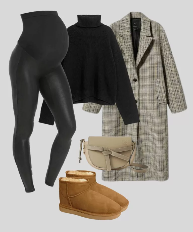 Outfit con botas mini ugg leggings de cuero sintetico premama abrigo de invierno marron