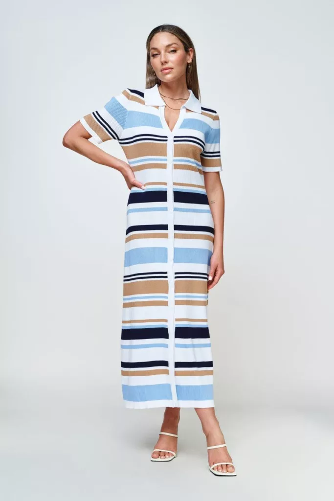Marguerite Snap-Front Knit Midi Dress - Blue / White / Beige Stripe