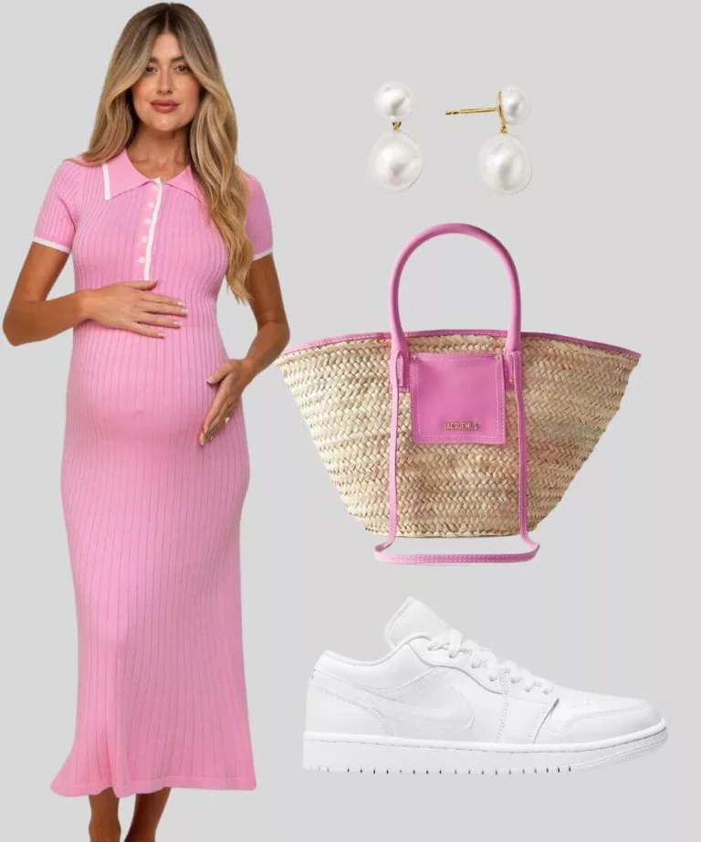 Barbie inspired maternity outfit pink collared maternity dress white sneakers pearl earrings