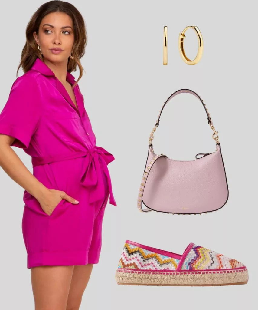 Barbie inspired maternity outfit pink maternity romper crochet knit espadrilles designer bag