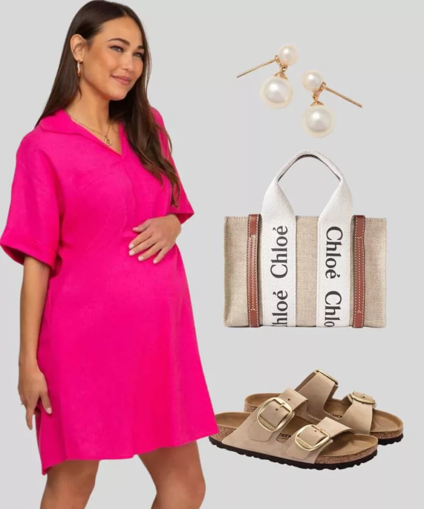 Conjunto informal de maternidad de Barbie: vestido de lino color fucsia, sandalias Birkenstock, pendientes de perlas.