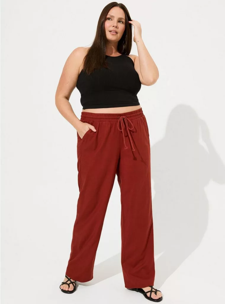 Pull-On Wide Leg Stretch Linen High-Rise Pant Fire Brick