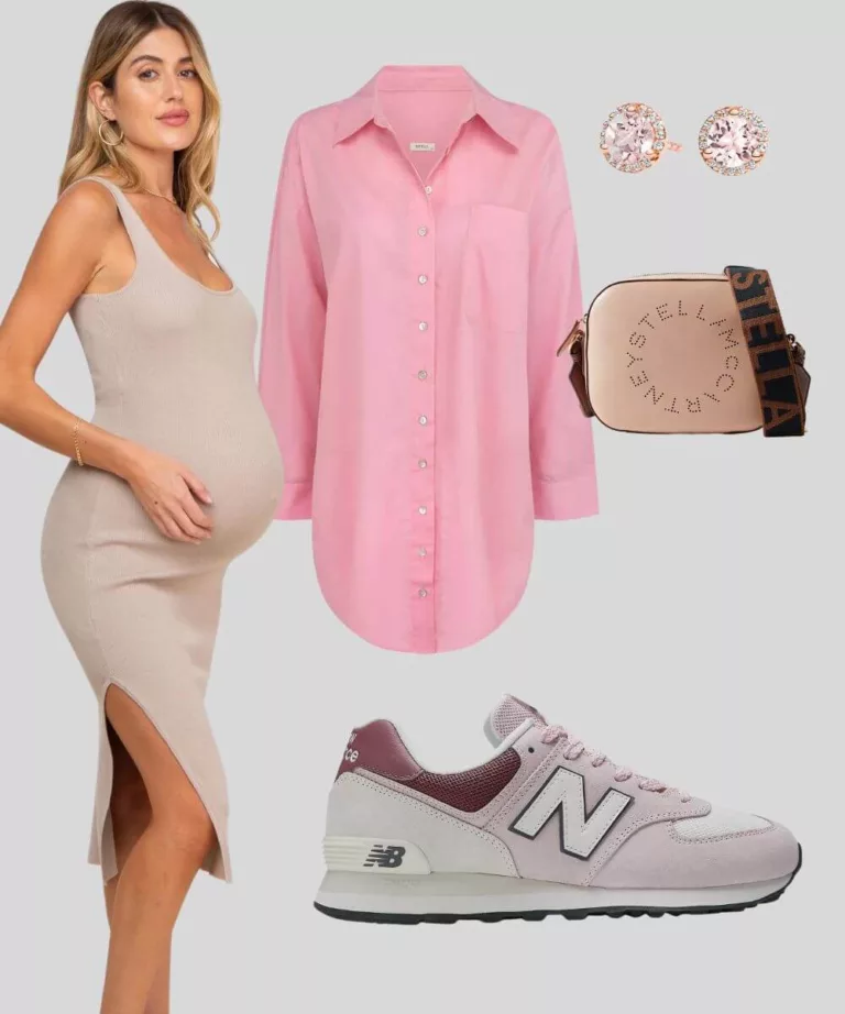 Barbie inspired maternity outfit beige knit fitter midi dress pink shirt pink earrings