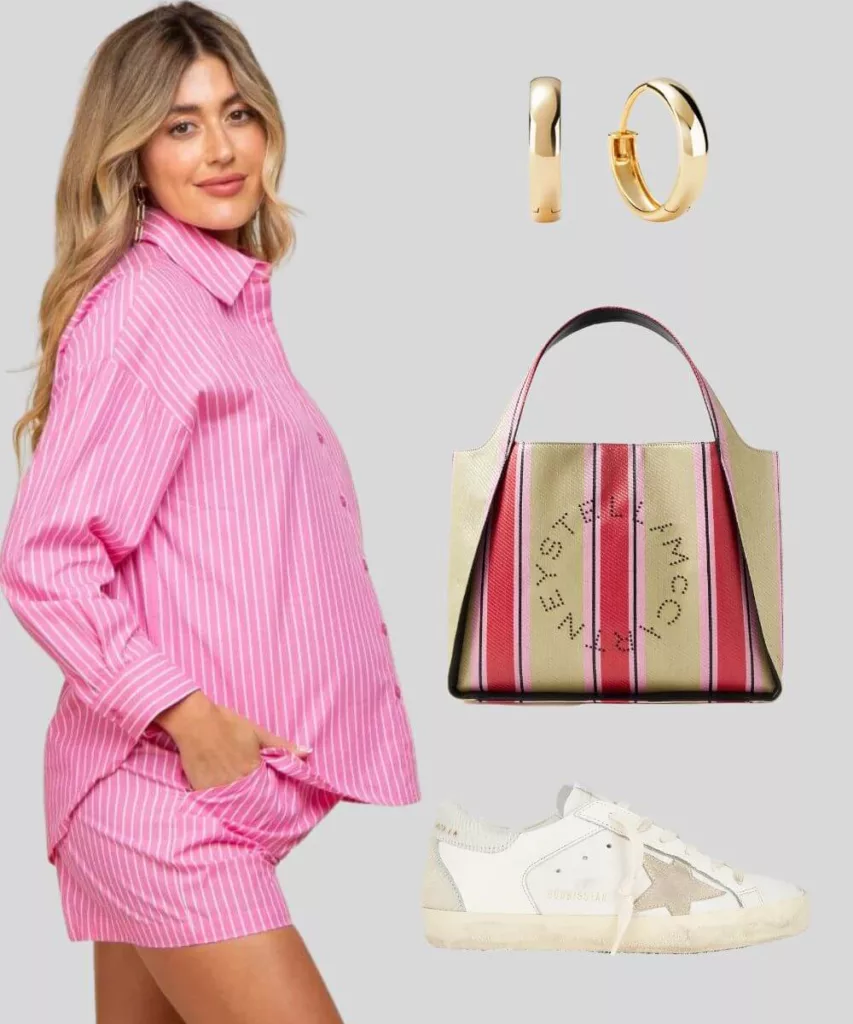 Barbie inspired outfit pink t shirt short set white cream sneakers stripe tote bag