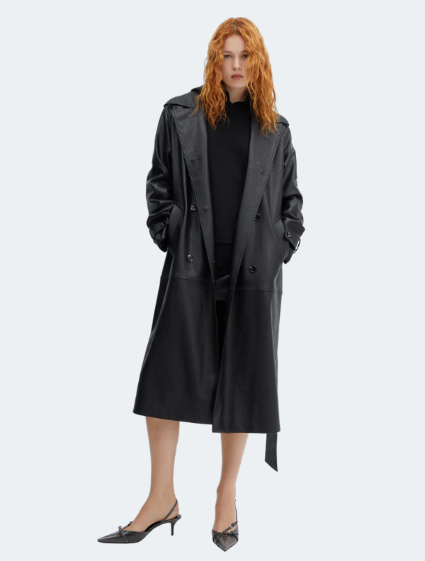 Oversize Leather-Effect Trench Coat Black