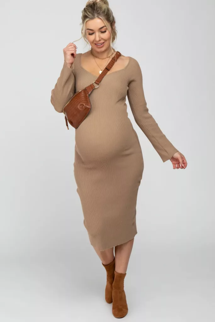 Camel Ribbed Knit Fitted Maternity Dress