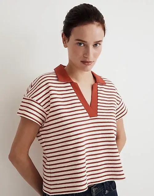 Texture-Rib Cropped Polo Tee Ground Madder