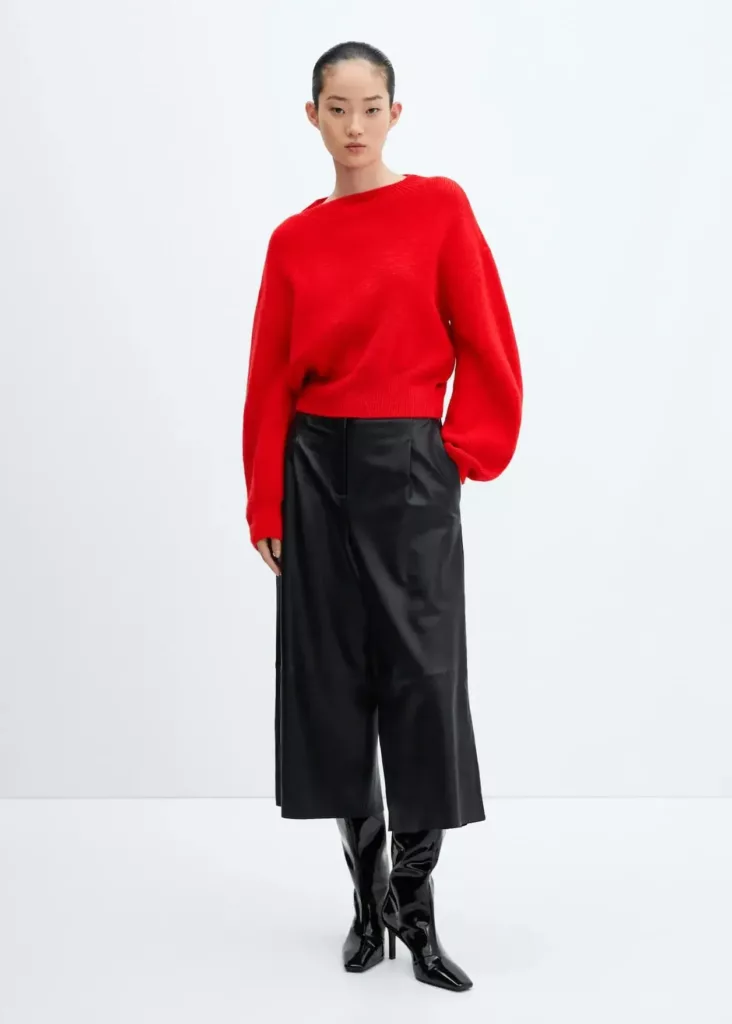 Puff-Sleeve Knitted Sweater Red