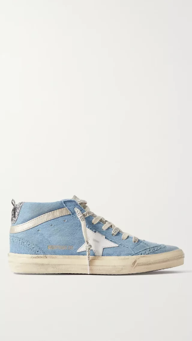 Net a porter mid star glittered leather trimmed distressed denim high top sneakers blue 1