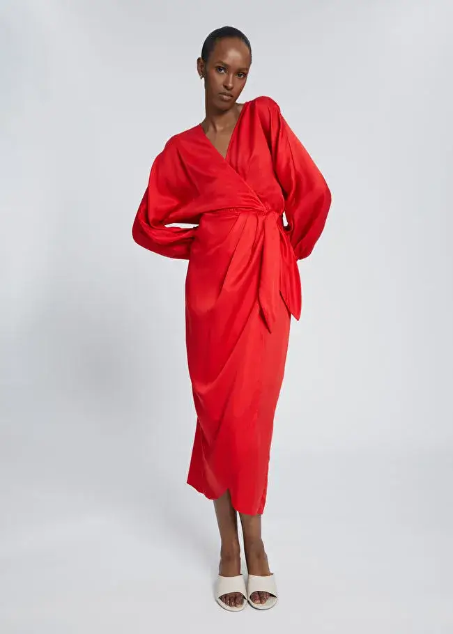 Relaxed Pleated Detail Wrap Dress Bright Red
