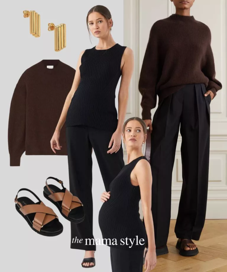 Chocolate maternity outfit oversized straight leg office style pants sandals