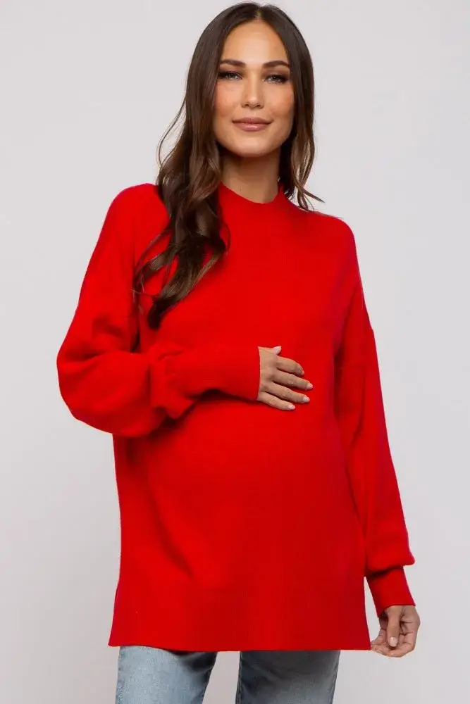 Red Knit Mock Neck Maternity Long Sleeve Top