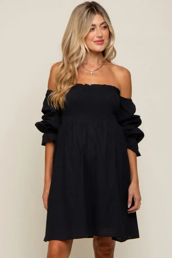 Black Smocked Off Shoulder Long Sleeve Maternity Dress