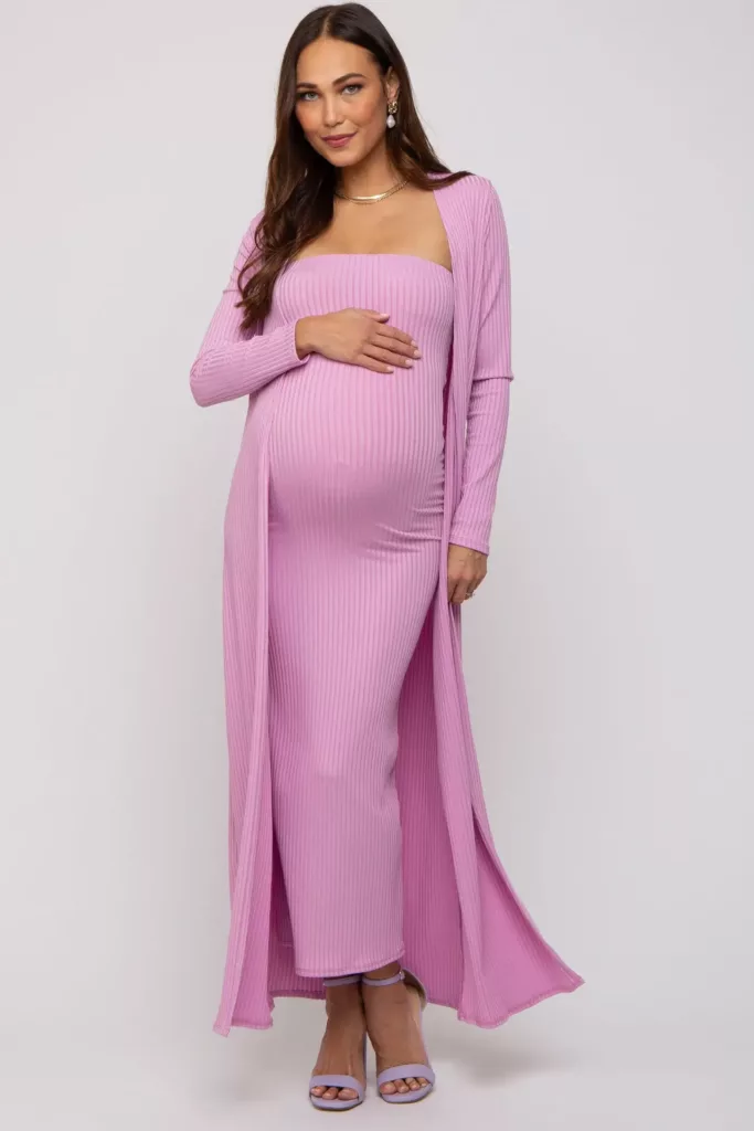 Pink Ribbed Sleeveless Dress Cardigan Maternity Set