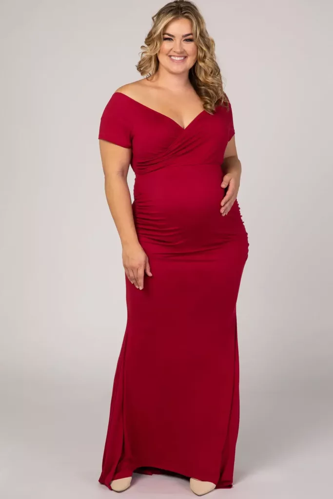 Pinkblush Burgundy Off Shoulder Wrap Plus Maternity Photoshoot Gown/Dress