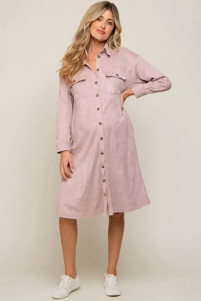 Light Pink Knit Corduroy Button Down Maternity Midi Dress