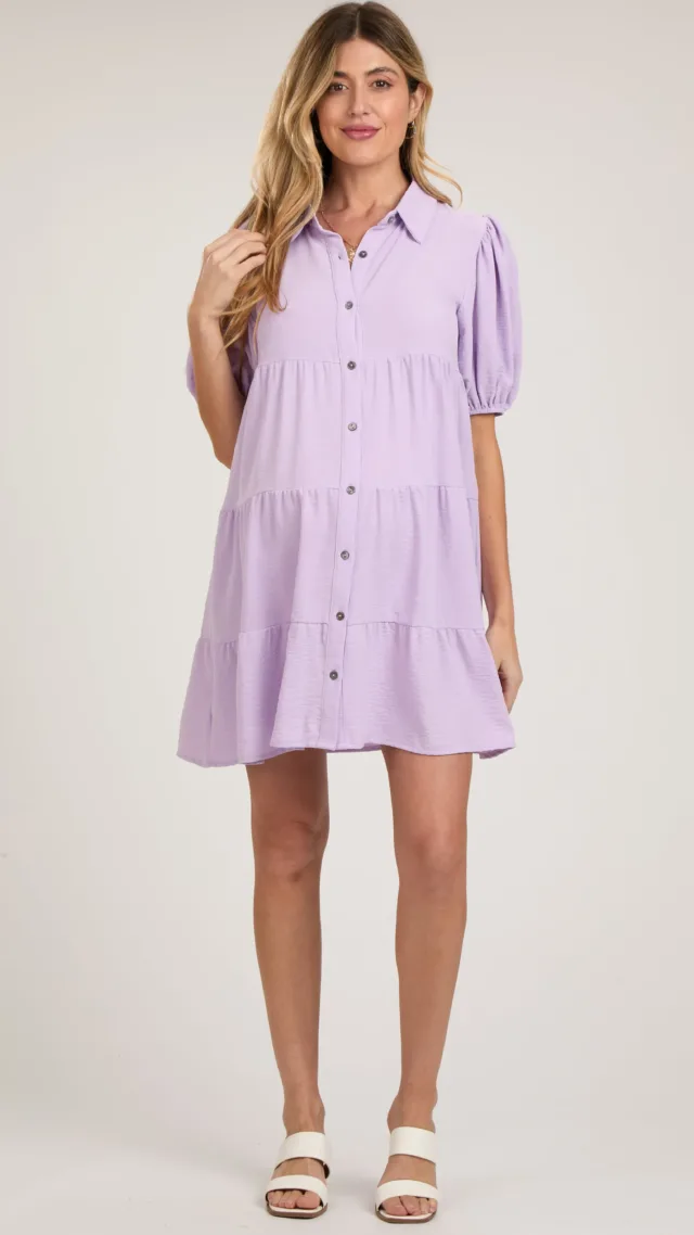 Pinkblush maternity lavender button front tiered collared maternity dress 1