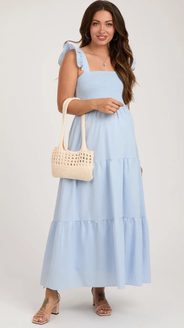 Pinkblush maternity light blue sleeveless smocked tiered maternity maxi dress 1