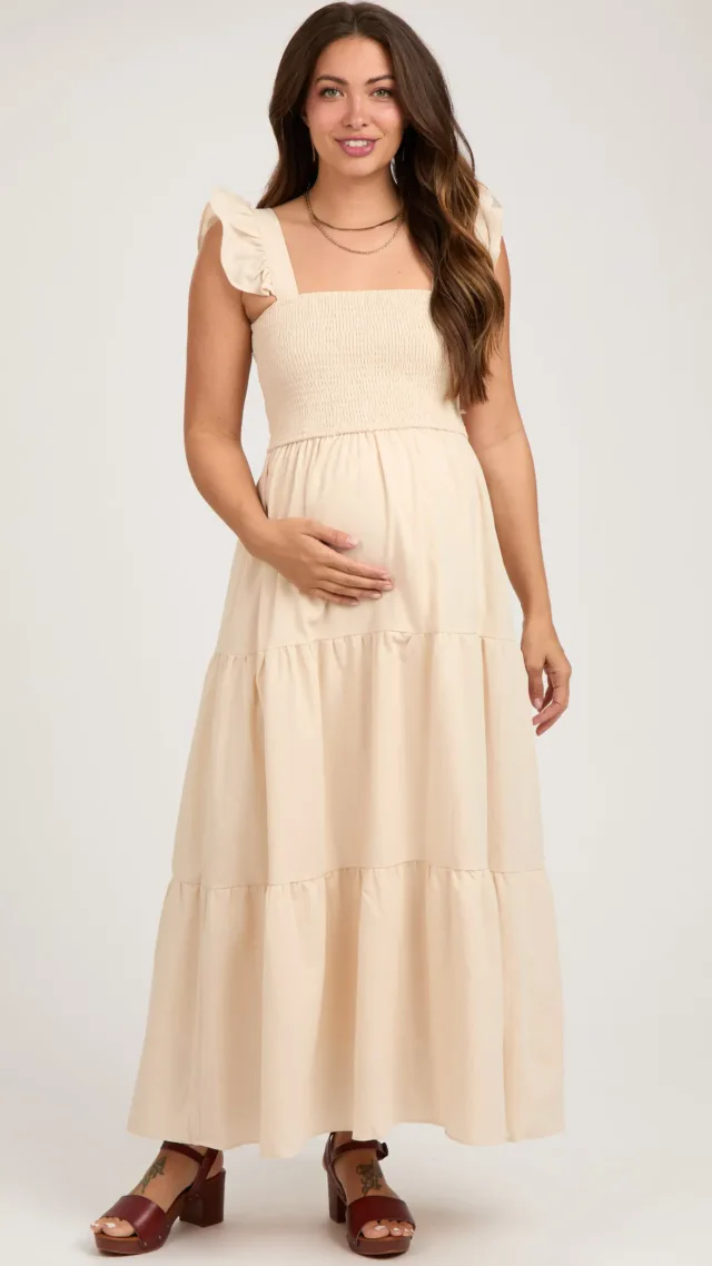 Pinkblush maternity taupe sleeveless smocked tiered maternity maxi dress 1